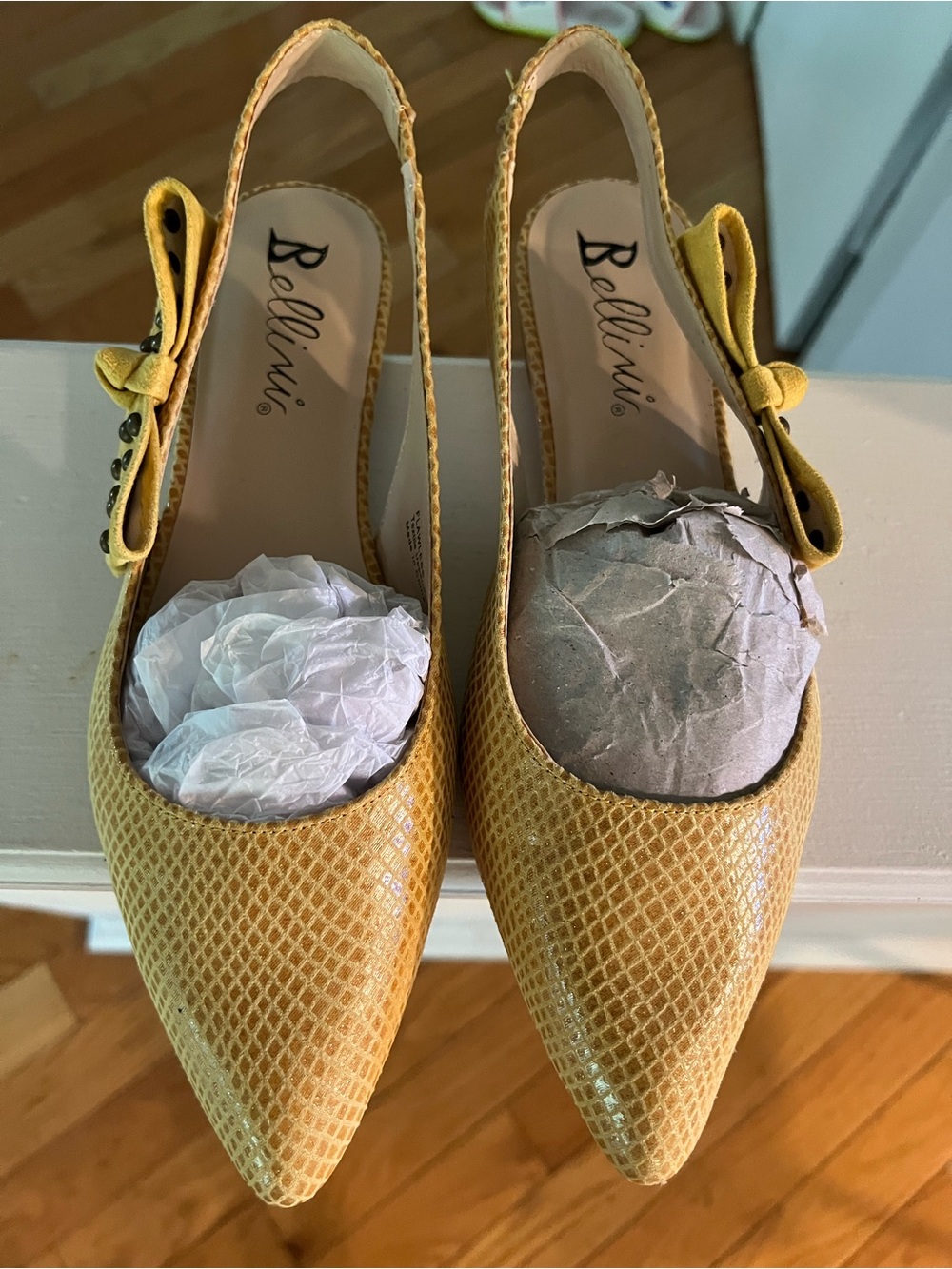 Bellini Yellow Pointed-Toe Slingback Flats with Side Bow Accent